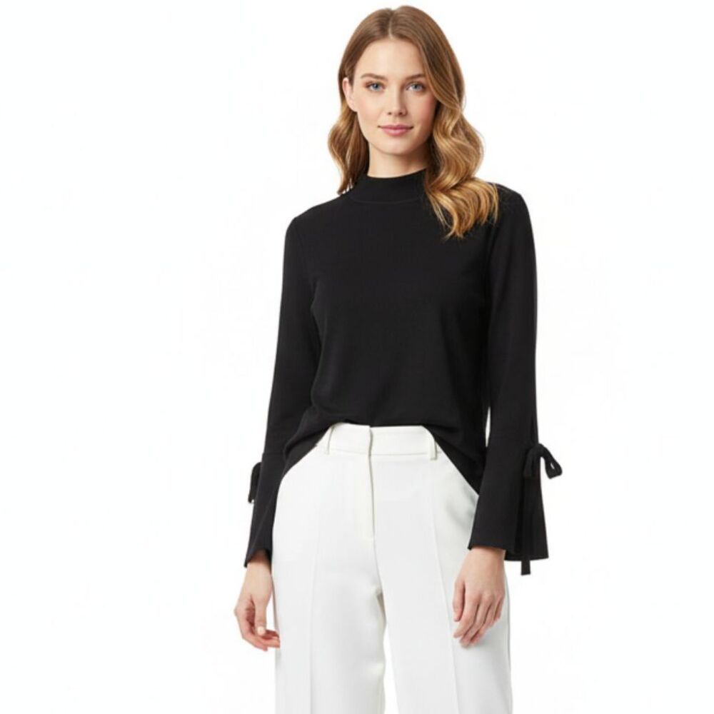 Fate Black Ribbed Knit Long Bell Sleeve Mock Turtleneck Sweater Top L